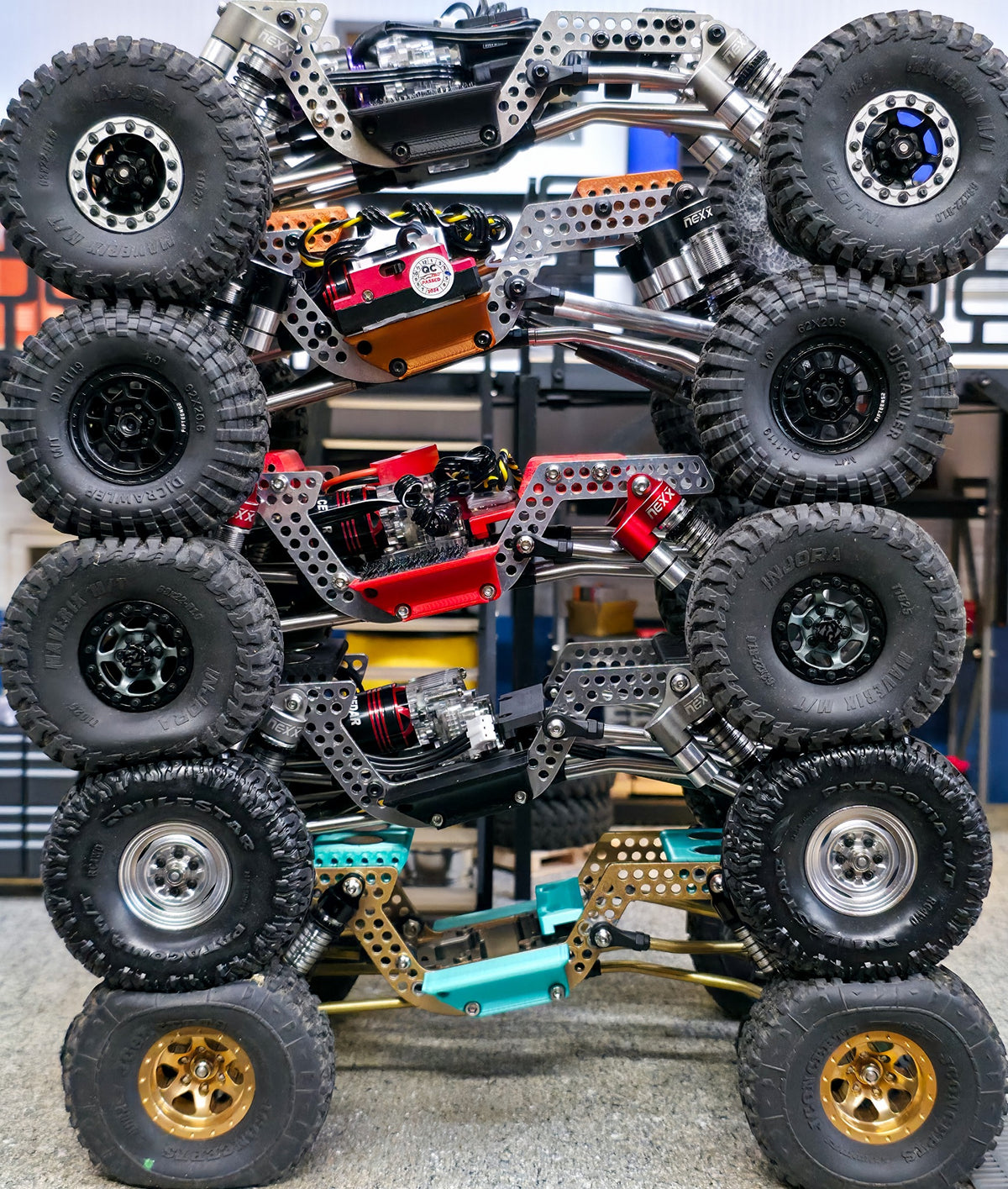 Stacked DBRC King Snake RC crawler chassis in multiple colors, now available at 828RC