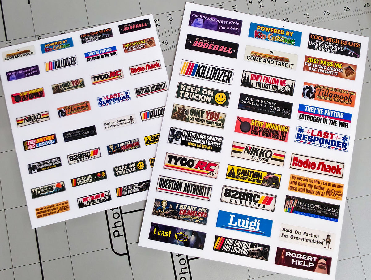 828RC scale bumper sticker sheet for micro and 1:10 RC builds