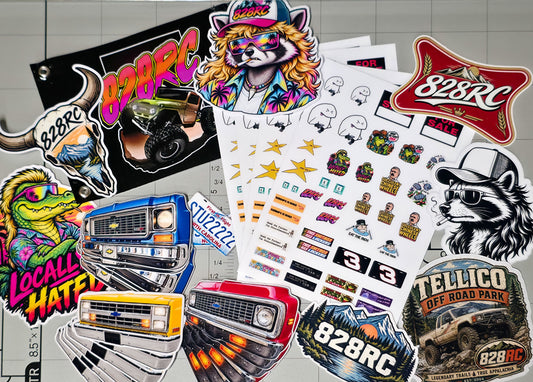 828RC Sticker Pack with Banner & Keychain | RC Crawler, Off-Road & Automotive Gift Pack