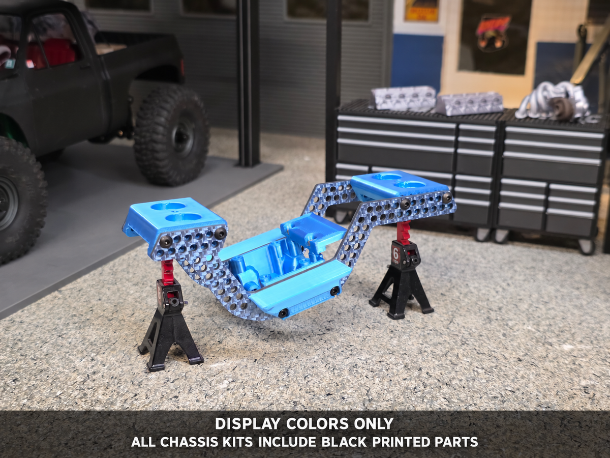 Blue carbon rail chassis display with disclaimer