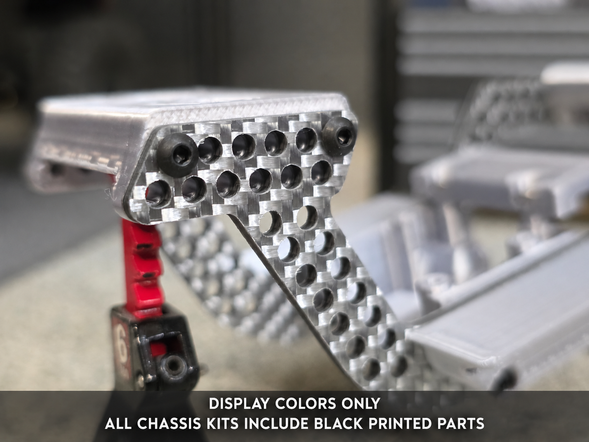 Silver carbon rail close-up, colored printed parts are display only